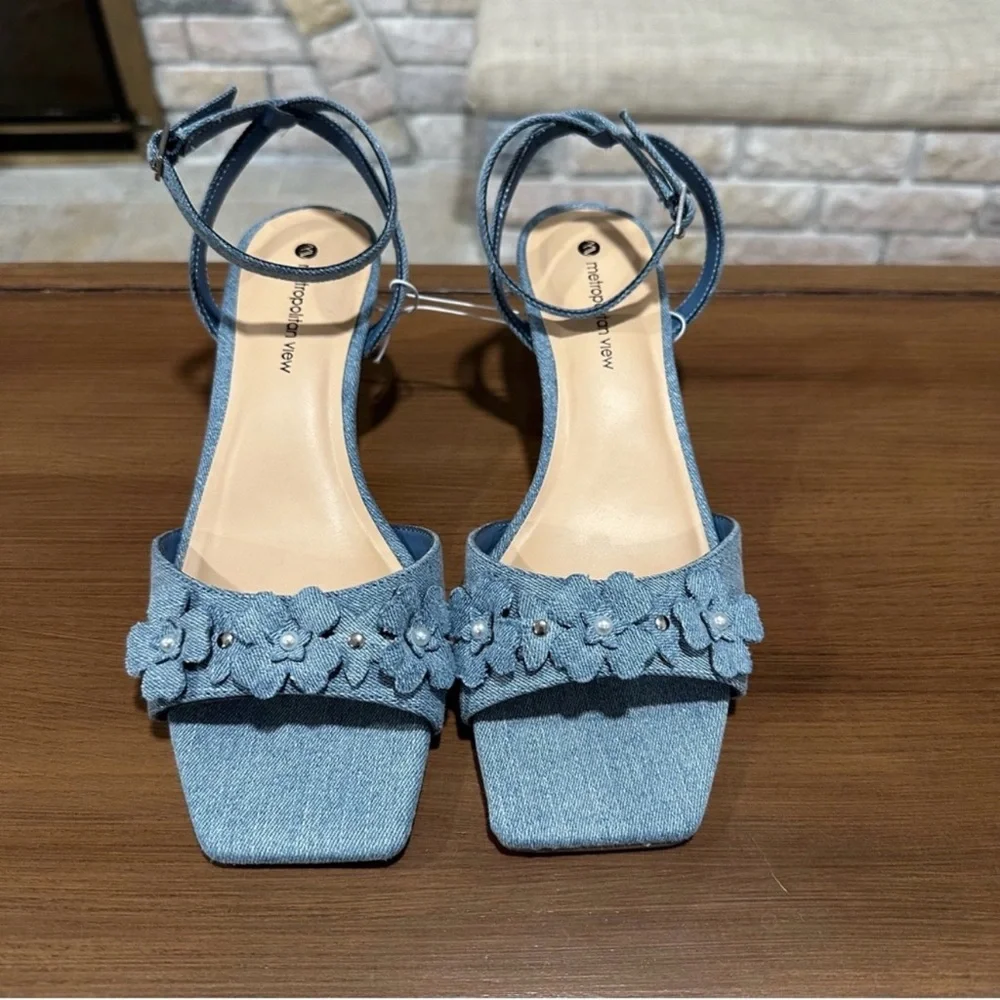 Denim Floral Kitten Heels Ankle Strap Sandals Size 7.5 Y2K Spring Cottagecore - Picture 1 of 6